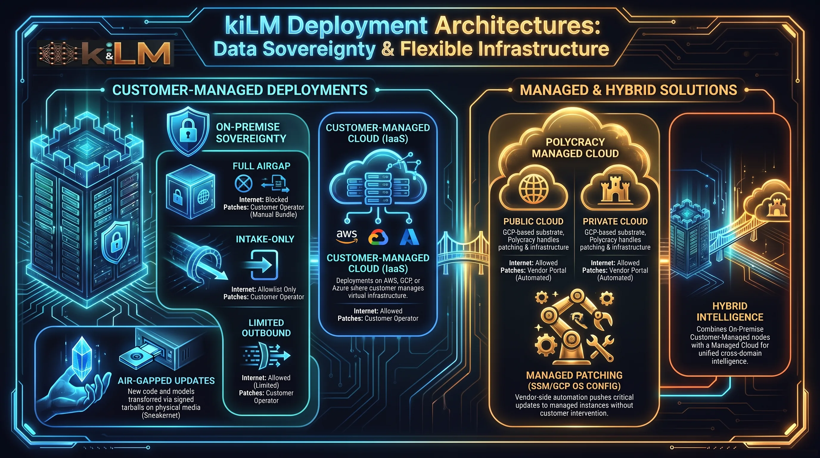 kiLM deployment patterns — On-Premise (Customer Managed) with full air-gap / intake-only / limited-outbound modes, Customer Managed Cloud, POLYCRACY Managed Cloud (GCP public/private), and Hybrid.