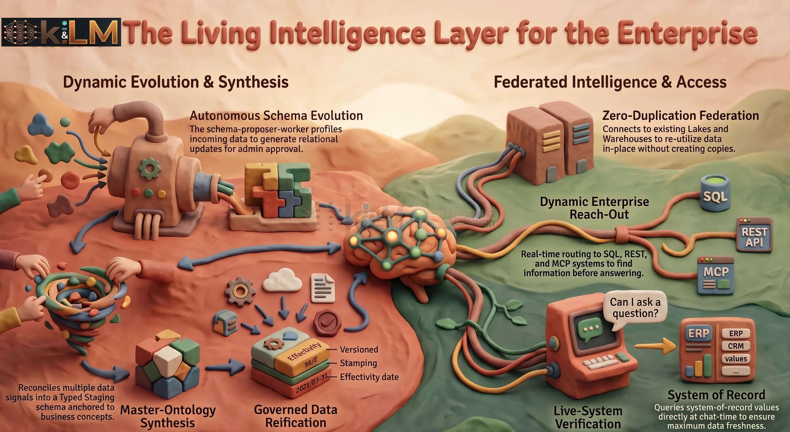 kiLM's living intelligence layer: autonomous schema evolution and master-ontology synthesis reconcile raw signals into a governed, versioned, effectivity-stamped typed store.